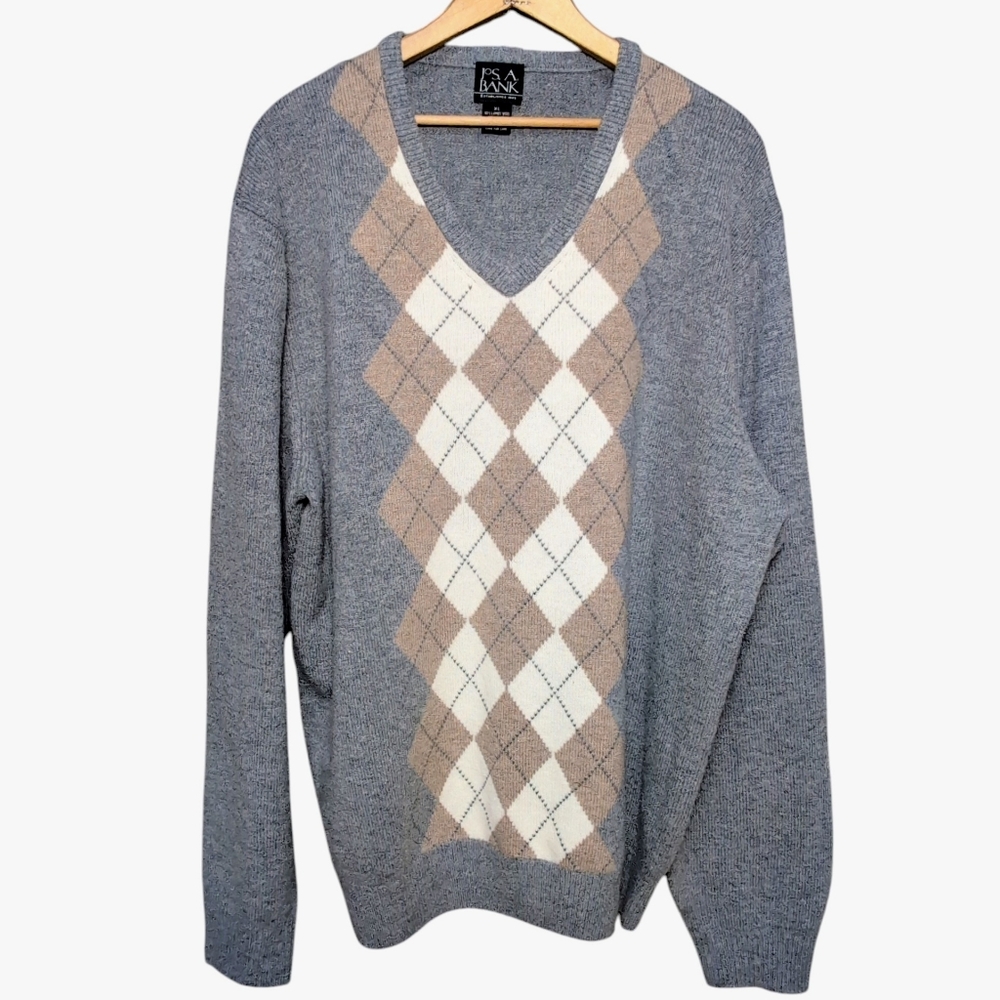 Jos A Bank Lambs Wool Size EXTRA LARGE Gray Brown Argyle V-Neck Sweater